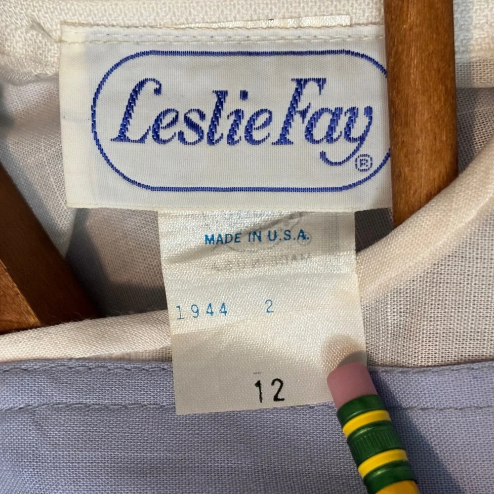 Vintage Leslie Fay Womens 12 2pc Tea Dress Set Blue White Tropical Palm Leaf 80s - Picture 5 of 14